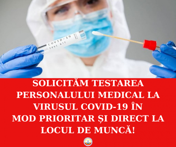 FSSM solicită Ministerului Sănătății, Muncii și Protecției Sociale testarea personalului medical la virusul COVID-19 – în mod prioritar și direct la locul de muncă
