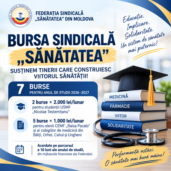 Federația Sindicală „Sănătatea” din Moldova a instituit Bursa sindicală „Sănătatea”, o nouă inițiativă de susținere a tinerilor